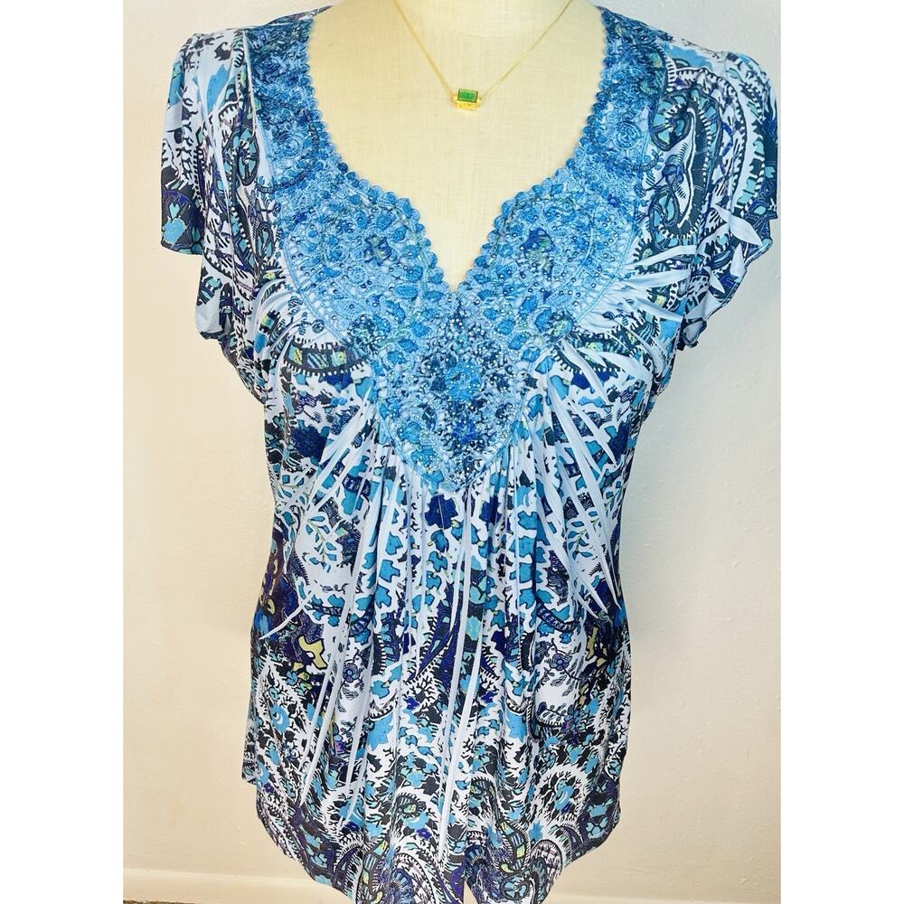 Boho Y2K Rock Blue Beaded Short Sleeve Blouse Large One World No Tag Summer - Picture 4 of 7